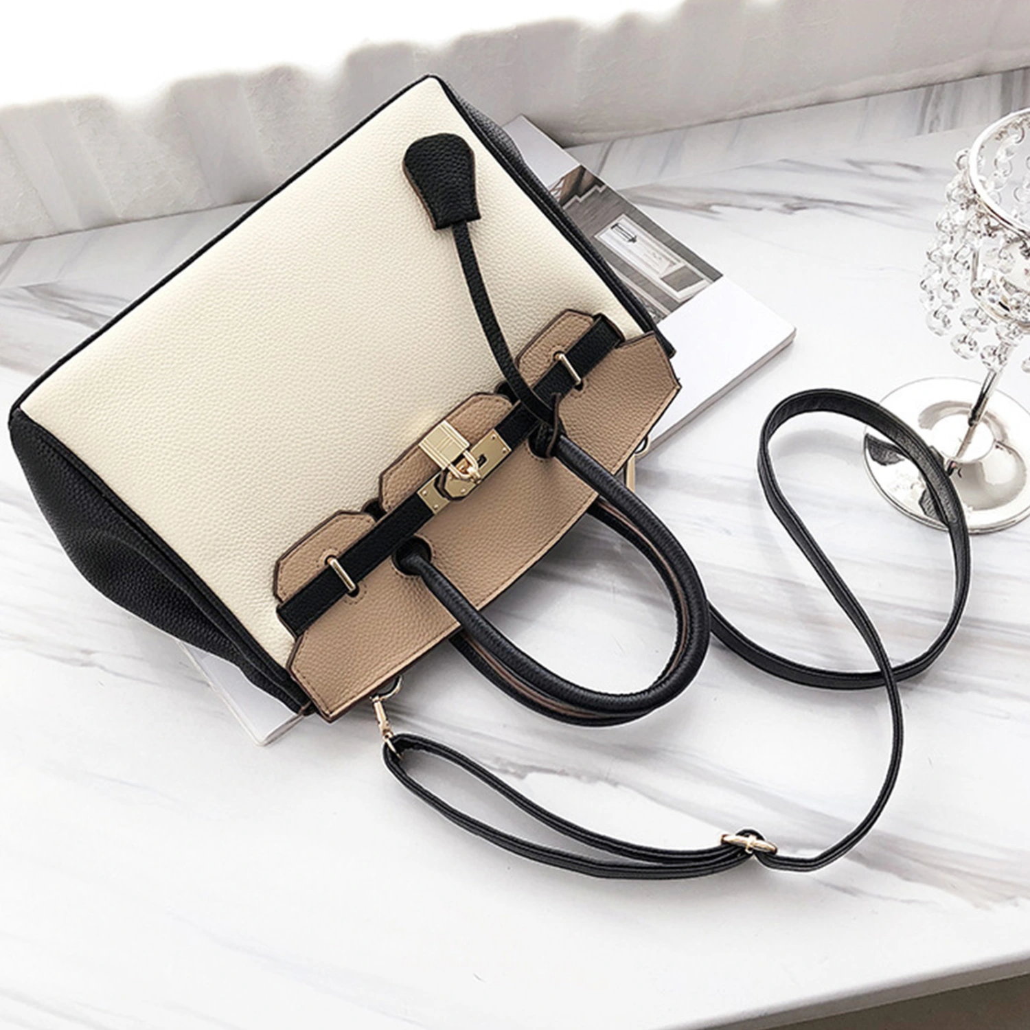 Women Shoulder Bag PU Large Capacity Color Blocking Stylish Handbag Messenger Bag Black One Size