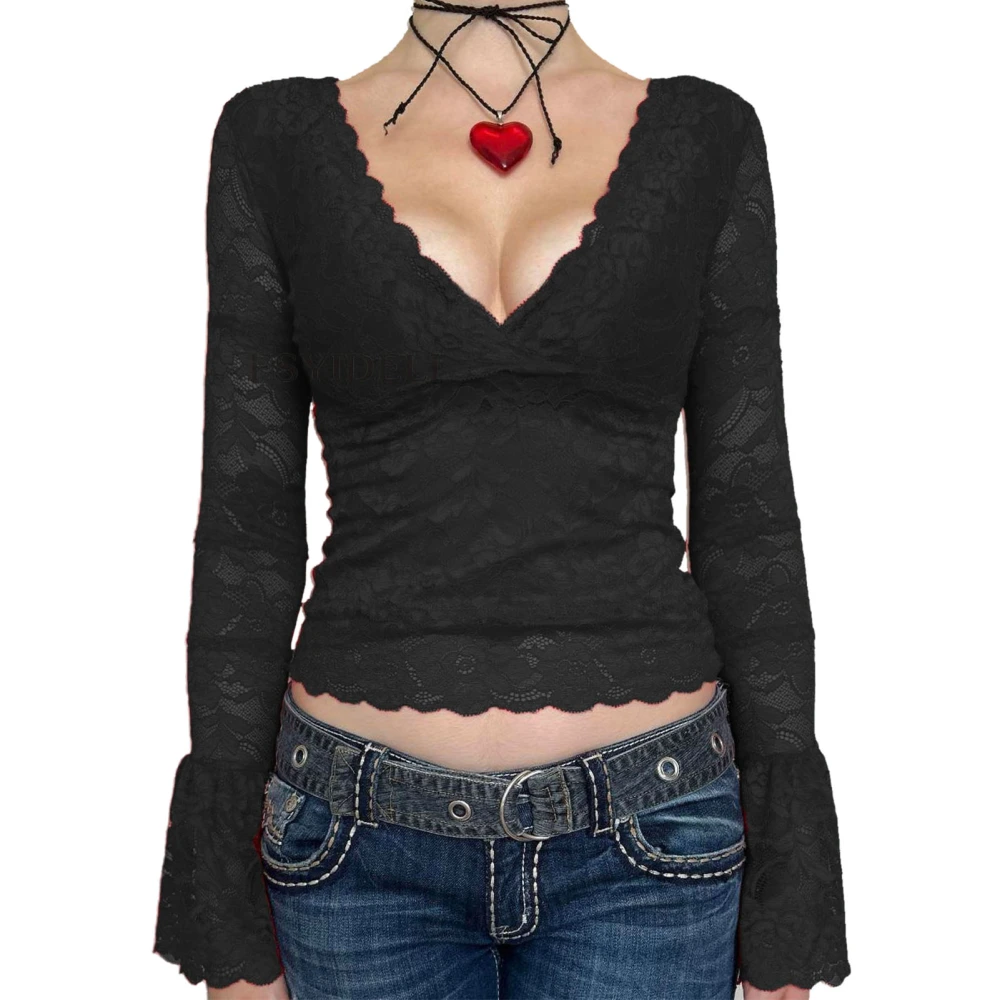 Floral Lace Shirt V Neck Elegant Slim Fit Casual Women Long Sleeve Top for Club Party Dating Black S