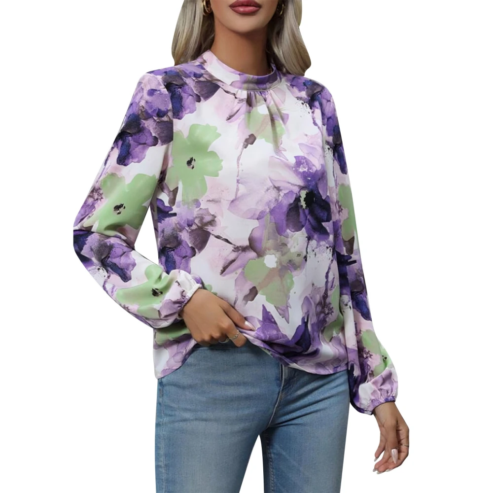 Women Fashion Print Blouse Pleated Neck Long Sleeve Blouse Keyhole Back Stylish Printed Top Purple XL