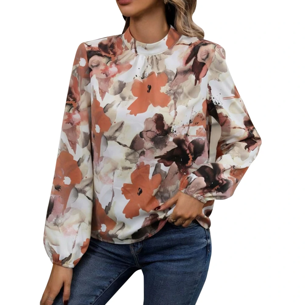 Women Fashion Print Blouse Pleated Neck Long Sleeve Blouse Keyhole Back Stylish Printed Top Pink S