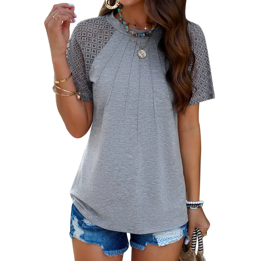 Women Solid Short Sleeve Top Round Neck Lace Splicing Sleeve Blouse Pure Color Soft Breathable Casual Blouse Gray L