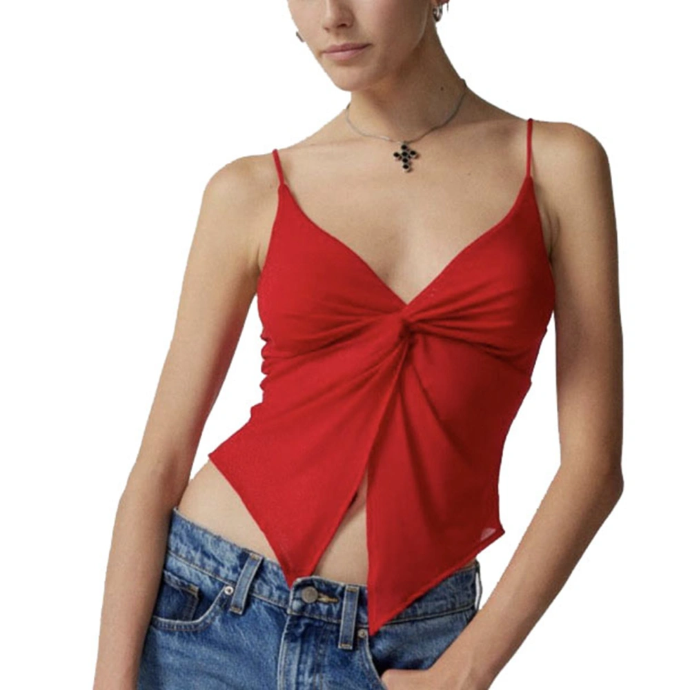 Women Spaghetti Strap Sheer Mesh Top Slim Fit Twisted Knot V Neck Sleeveless Camisole Tank Top Red L