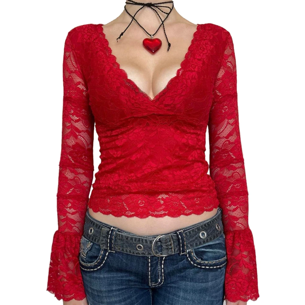 Floral Lace Shirt V Neck Elegant Slim Fit Casual Women Long Sleeve Top for Club Party Dating Red XL