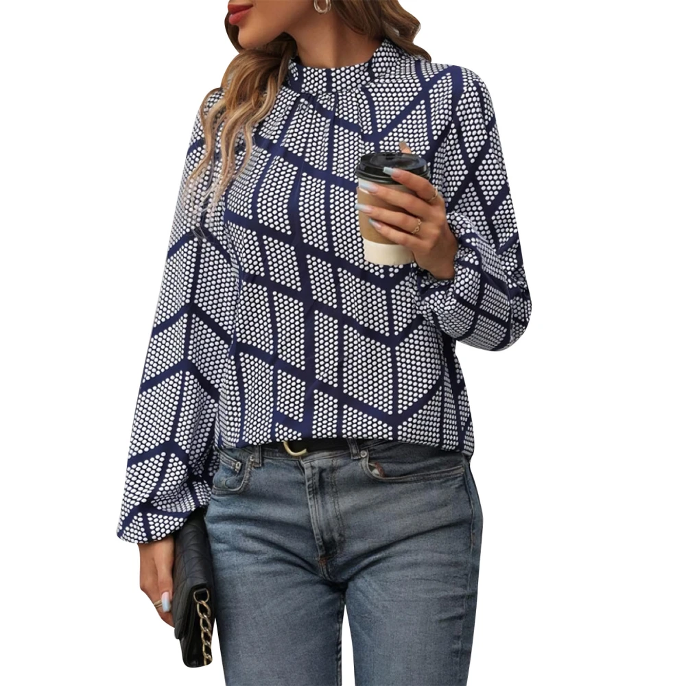 Women Fashion Print Blouse Pleated Neck Long Sleeve Blouse Keyhole Back Stylish Printed Top Blue Stripe L