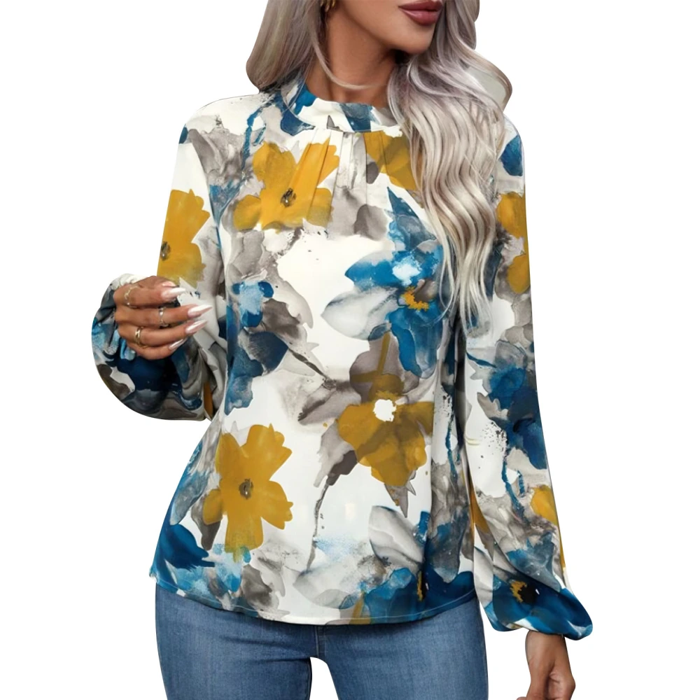 Women Fashion Print Blouse Pleated Neck Long Sleeve Blouse Keyhole Back Stylish Printed Top Blue XL