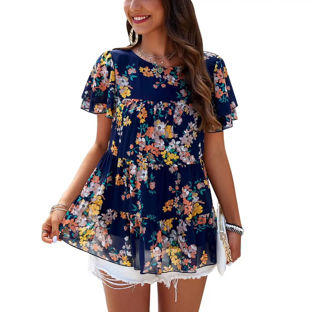 Women Floral Print T Shirt Casual Loose Fitting Round Neck Short Sleeve Top for Summer Wear Black L