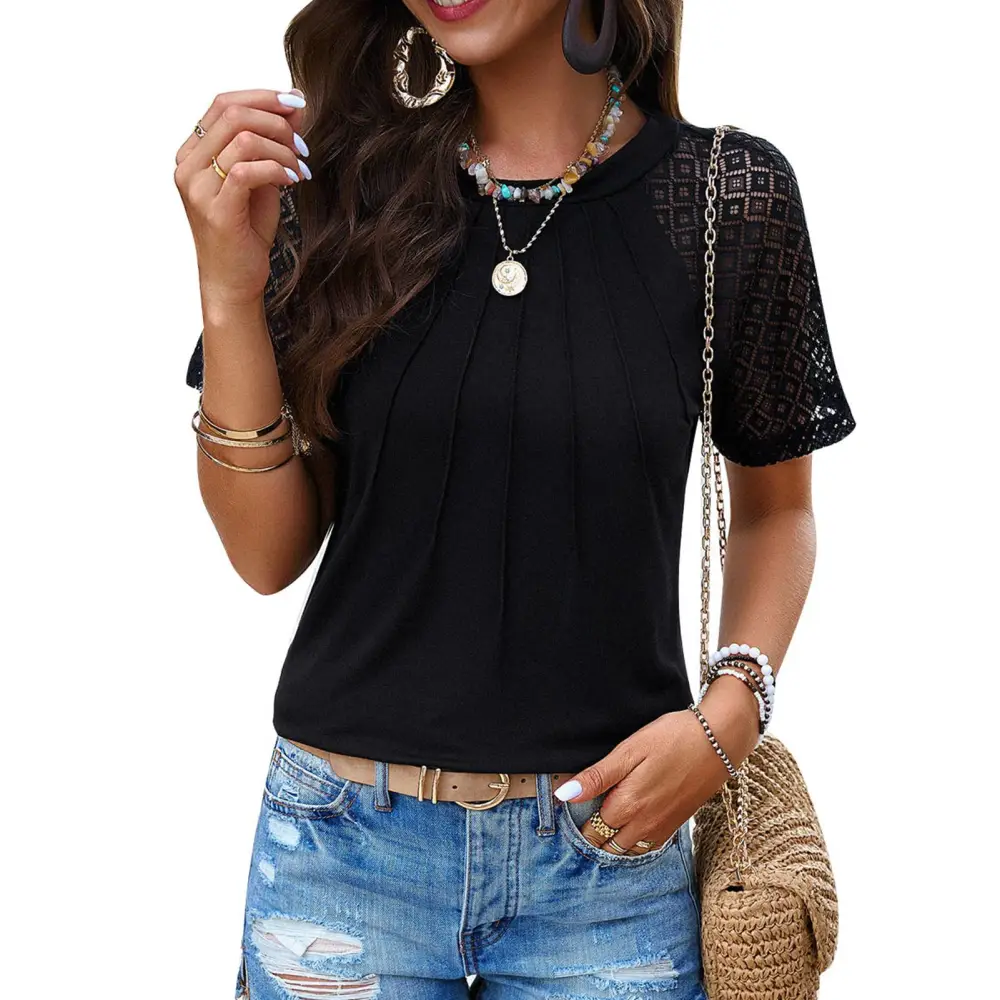 Women Solid Short Sleeve Top Round Neck Lace Splicing Sleeve Blouse Pure Color Soft Breathable Casual Blouse Black L