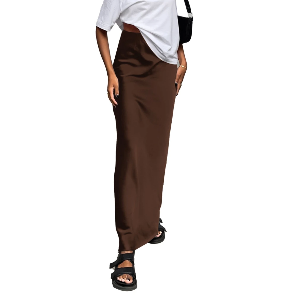 Women Bodycon Maxi Skirt Smooth Silky Stylish Elegant Long Fishtail Hem Skirt for Wedding Party Ceremony Brown L