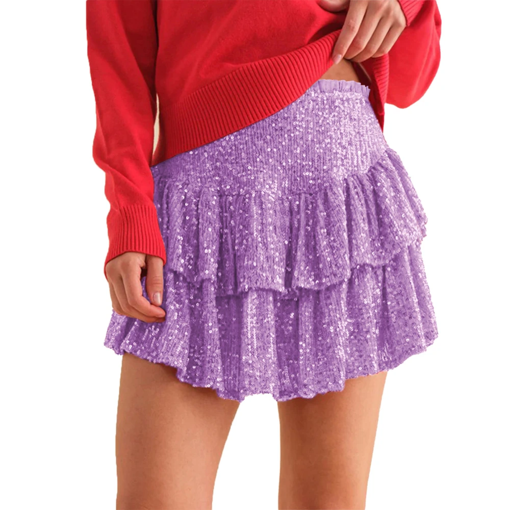 Sequin Pleated Short Skirt Double Layers Elastic Waist Side Zipper Casual Pleated Short Skirt Purple S