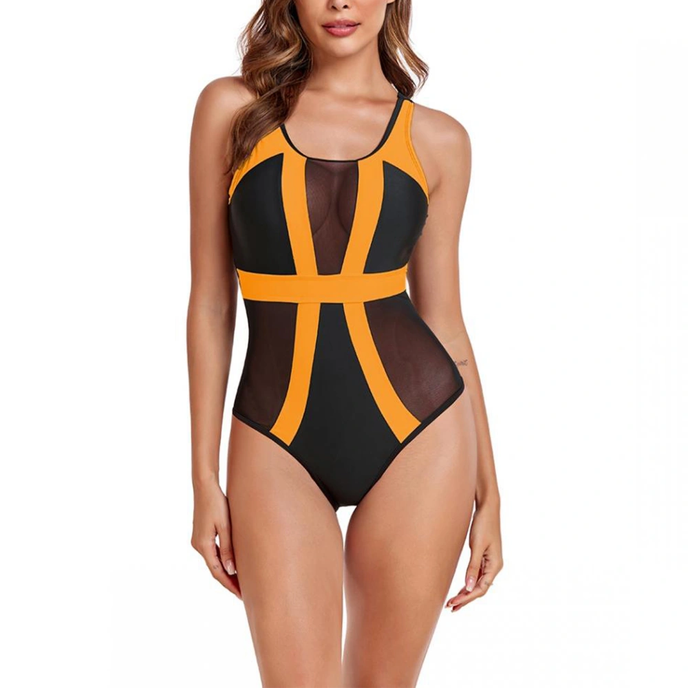 Mesh Stitching One Piece Swimsuit Round Neck Color Block Sleeveless One Piece Swimming Suit for Pool Black Orange L