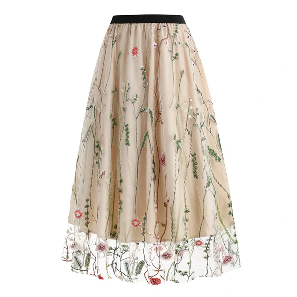 Women Floral Embroidery Skirt Elastic Waist Elegant Lace Tiered Tulle Skirt for Parties Apricot S