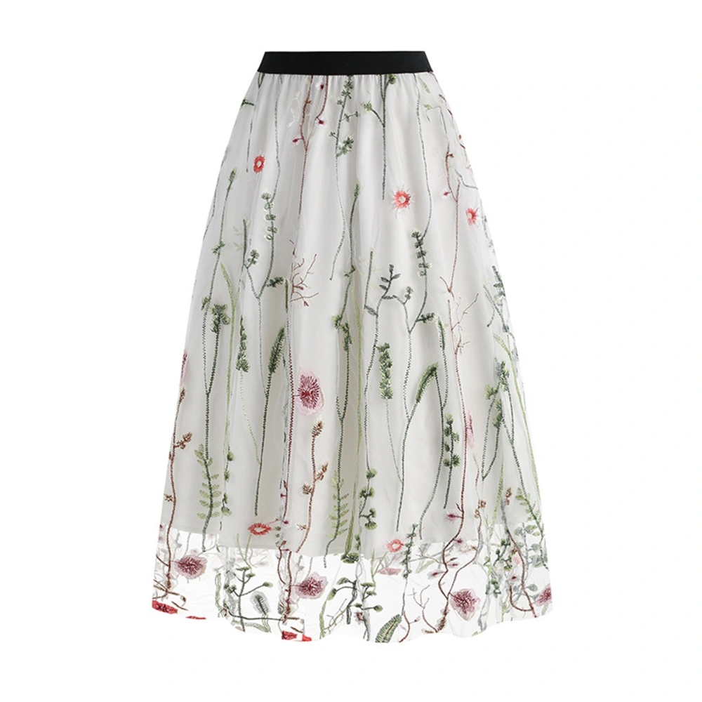 Women Floral Embroidery Skirt Elastic Waist Elegant Lace Tiered Tulle Skirt for Parties White XXL