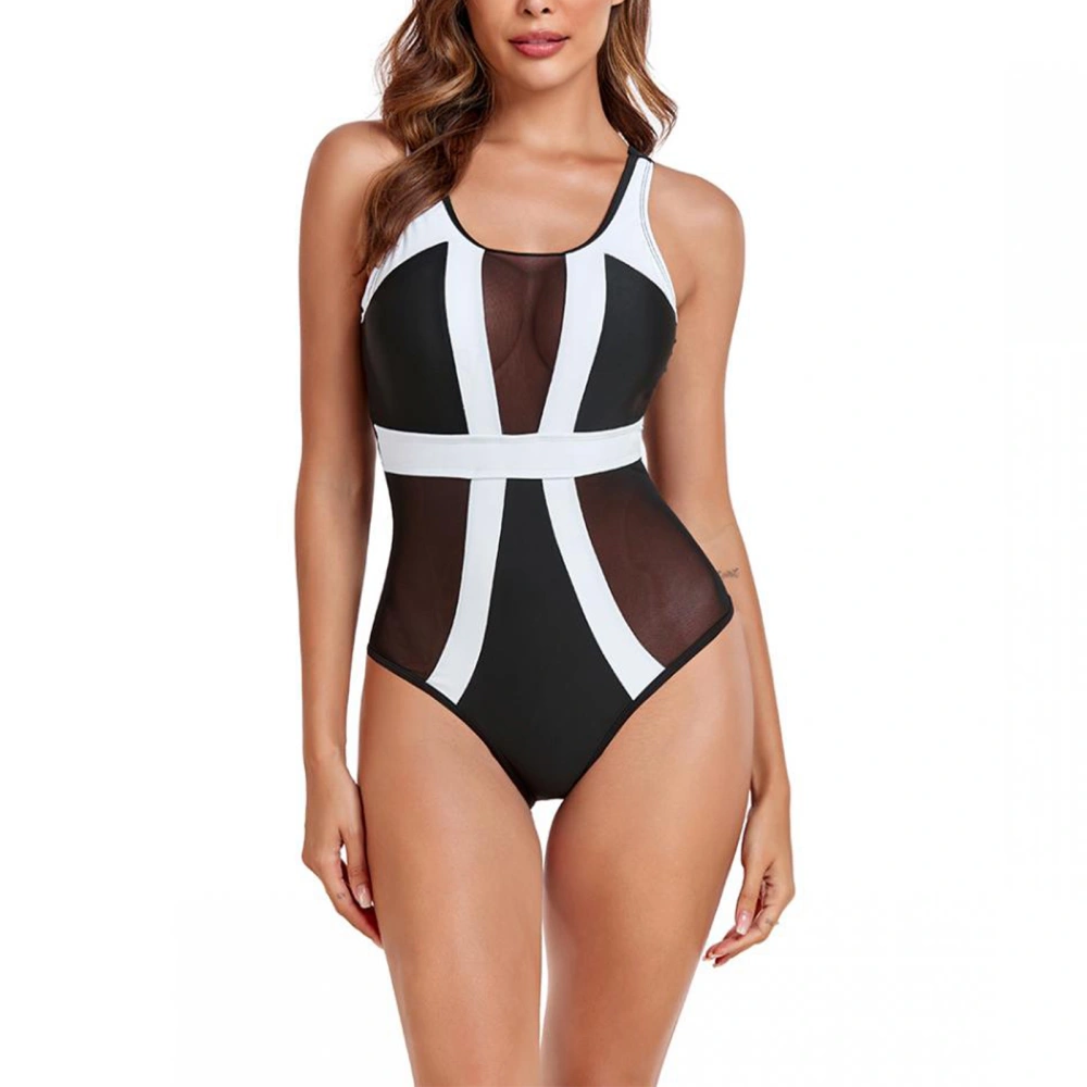 Mesh Stitching One Piece Swimsuit Round Neck Color Block Sleeveless One Piece Swimming Suit for Pool Black White L