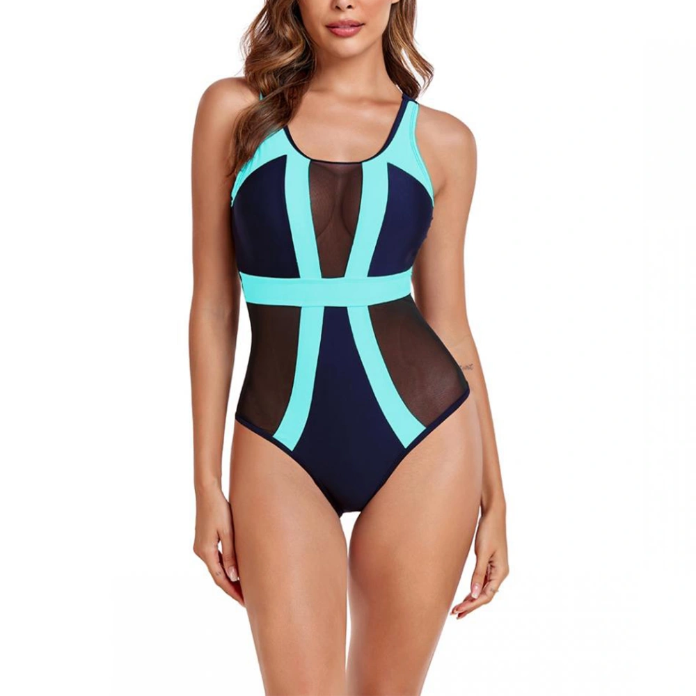 Mesh Stitching One Piece Swimsuit Round Neck Color Block Sleeveless One Piece Swimming Suit for Pool Navy Blue Dark Green L