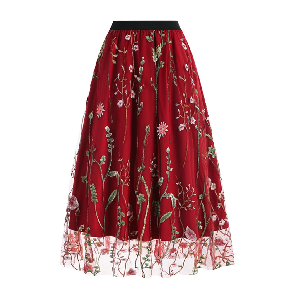 Women Floral Embroidery Skirt Elastic Waist Elegant Lace Tiered Tulle Skirt for Parties Red M