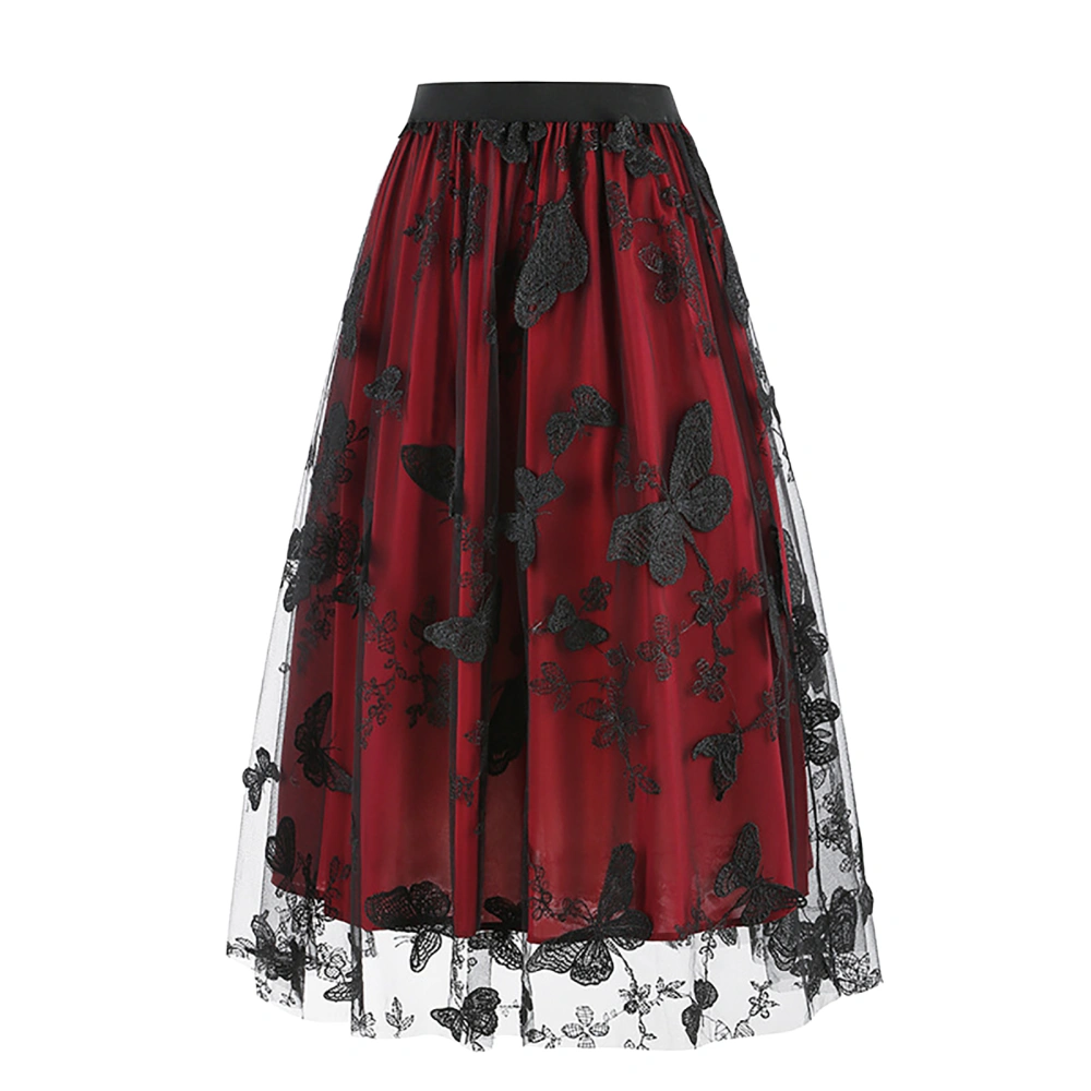 Women Tulle Print Flowy Skirt Fashion Print Tulle Elastic Waist Embroidered Stylish Midi Skirt Wine Red XXL