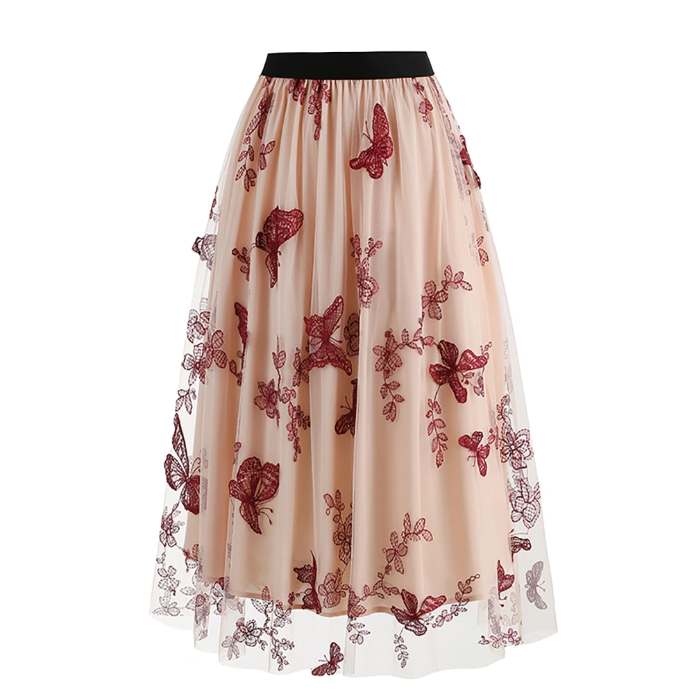 Women Tulle Print Flowy Skirt Fashion Print Tulle Elastic Waist Embroidered Stylish Midi Skirt Red XL