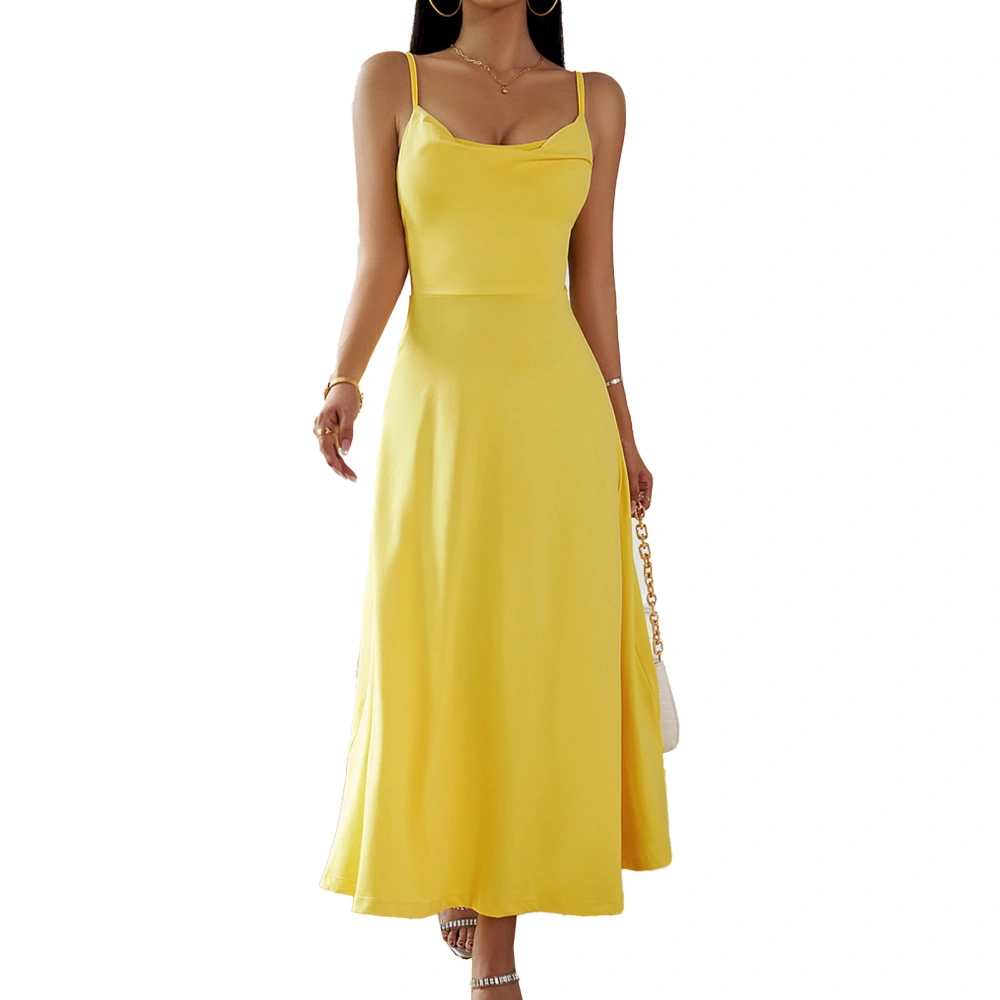 Women Spaghetti Strap Dress Cowl Neck Back Tie Strap A Line Hem Summer Long Dress for Party Yellow S