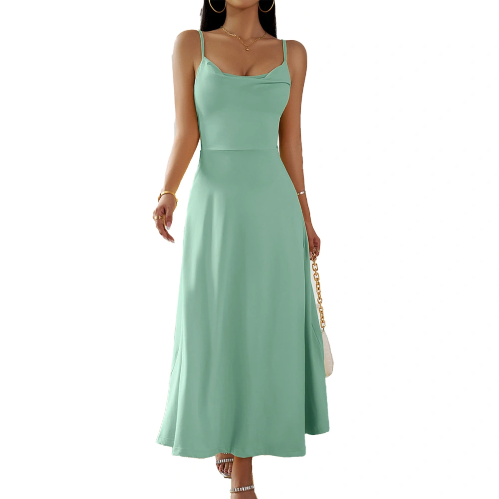 Women Spaghetti Strap Dress Cowl Neck Back Tie Strap A Line Hem Summer Long Dress for Party Light Green L