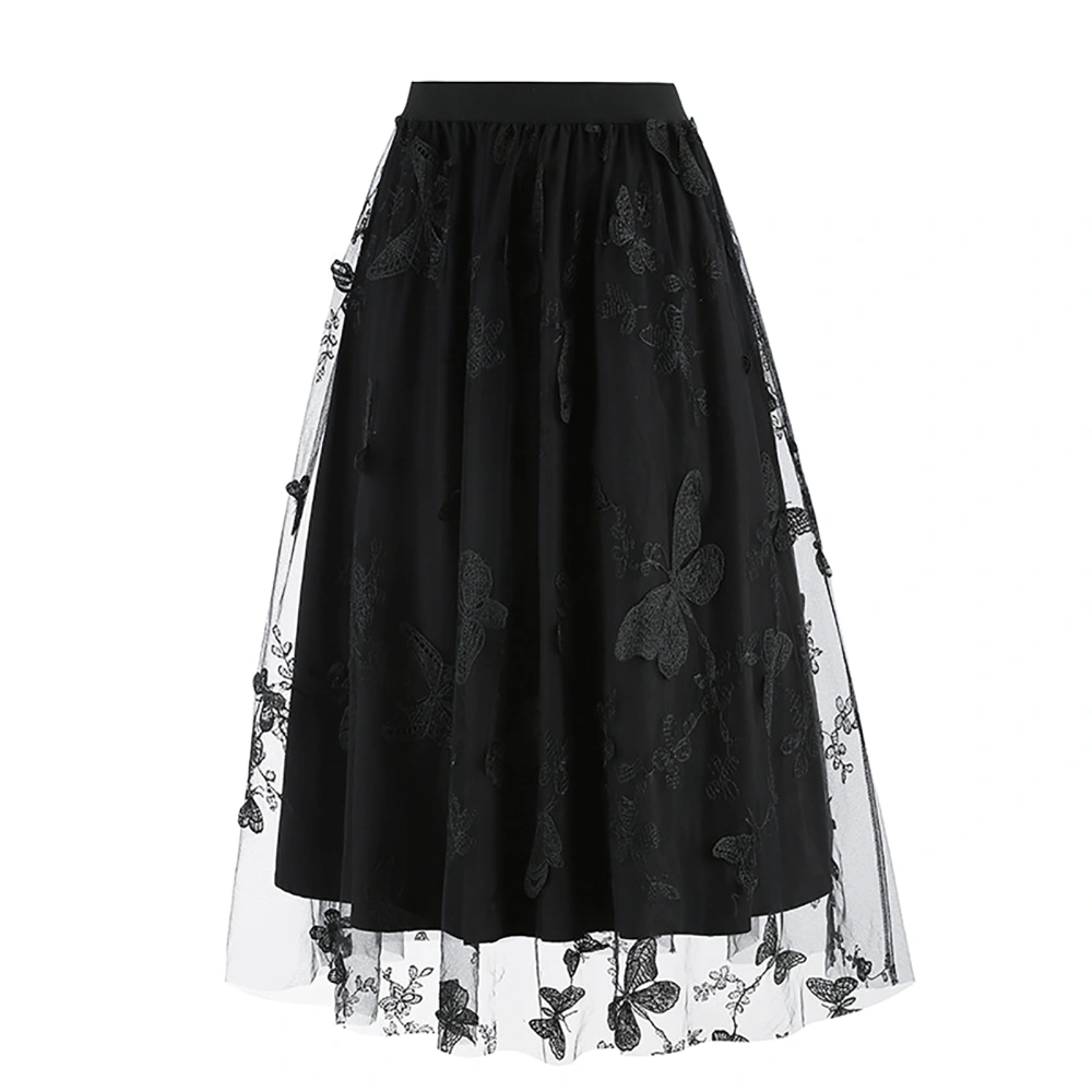 Women Tulle Print Flowy Skirt Fashion Print Tulle Elastic Waist Embroidered Stylish Midi Skirt Black XL