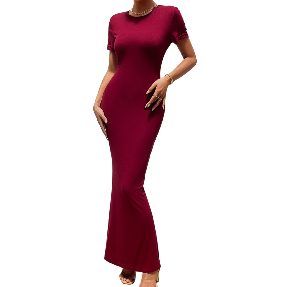 Women Short Sleeve Bodycon Maxi Dress Crew Neck Fishtail Hem Casual Slim Fit Midi Dress Burgundy S