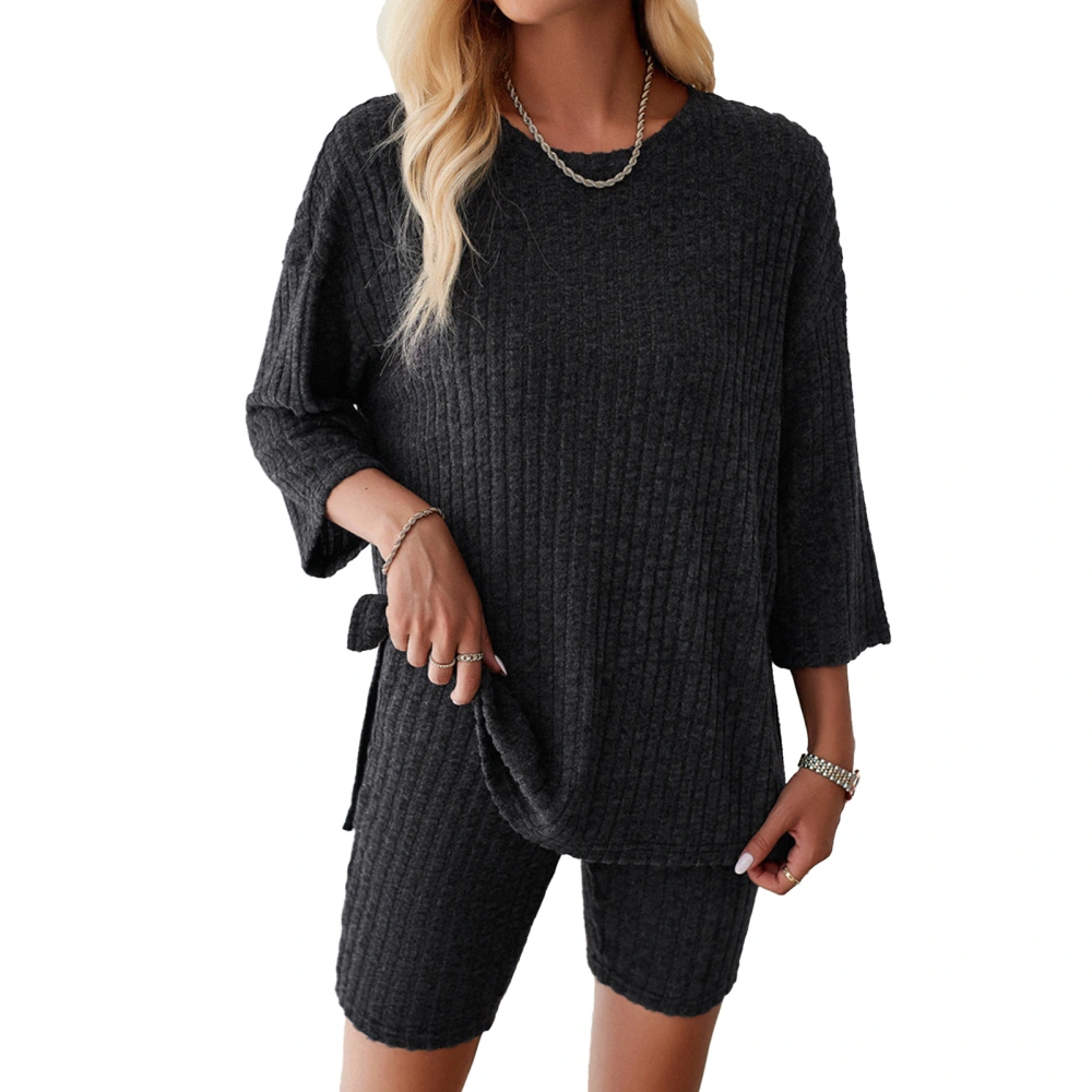 Women 2 Piece Outfits Set 3/4 Sleeve Ribbed Crew Neck Oversized Casual T Shirt Shorts Set Dark grey M