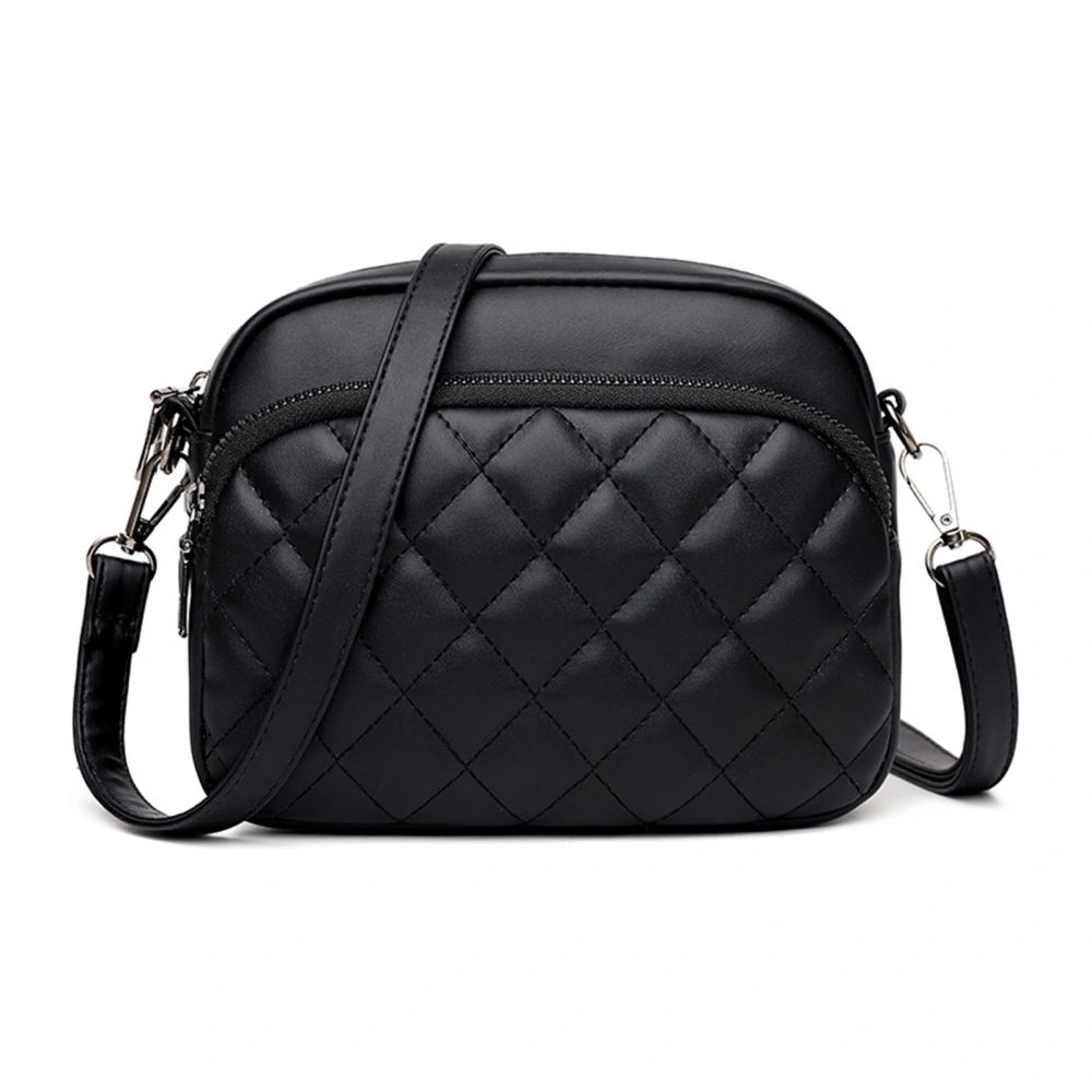 Women Small Messager Bag Lattice PU Leather Zipper Lightweight Adjustable Stap Fashionable Shoulder Bag Black Free Size