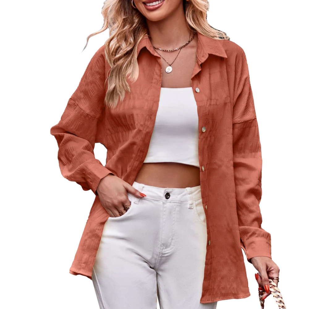 Women Long Sleeve Button Up Shirt Bubble Texture Pure Color Turn Down Collar Casual Fall Button Up Blouse Orange L