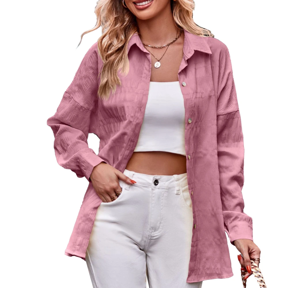 Women Long Sleeve Button Up Shirt Bubble Texture Pure Color Turn Down Collar Casual Fall Button Up Blouse Skin Pink XXL