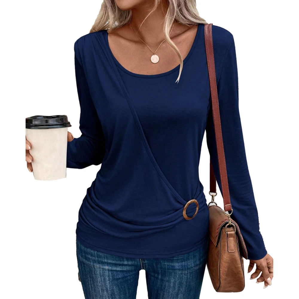 Women Blouse Long Sleeves Crew Neck Buckle Decor Shirred Deisgn Pure Color Women Shirt Pullover for Office Travel Blue S