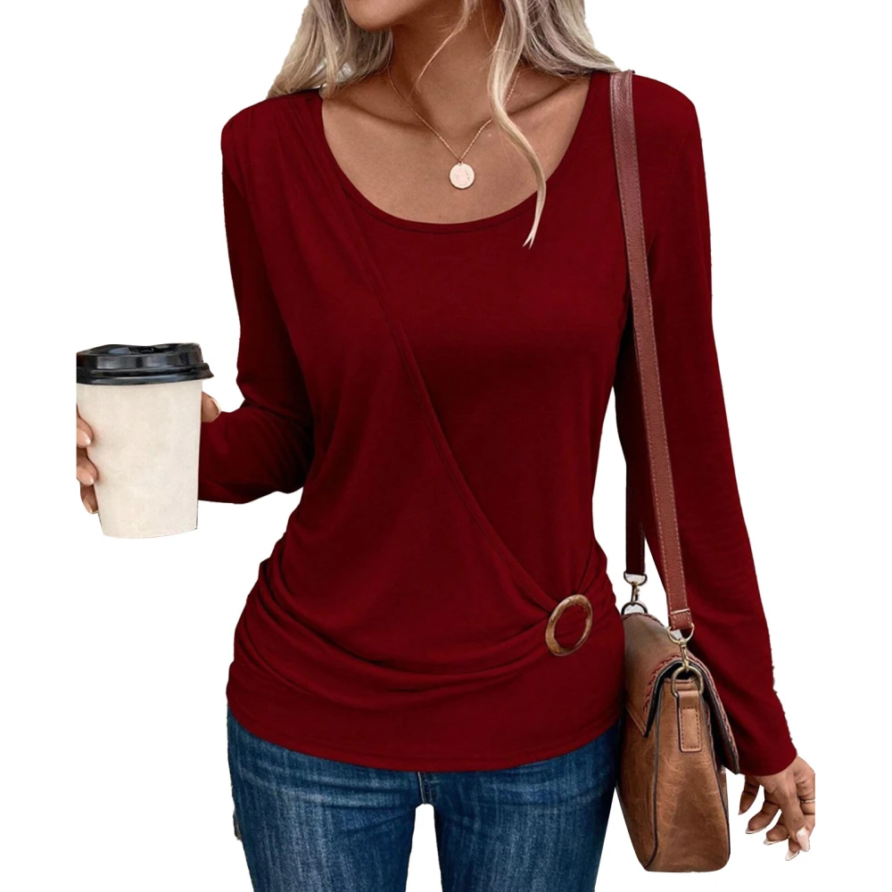 Women Blouse Long Sleeves Crew Neck Buckle Decor Shirred Deisgn Pure Color Women Shirt Pullover for Office Travel Red S