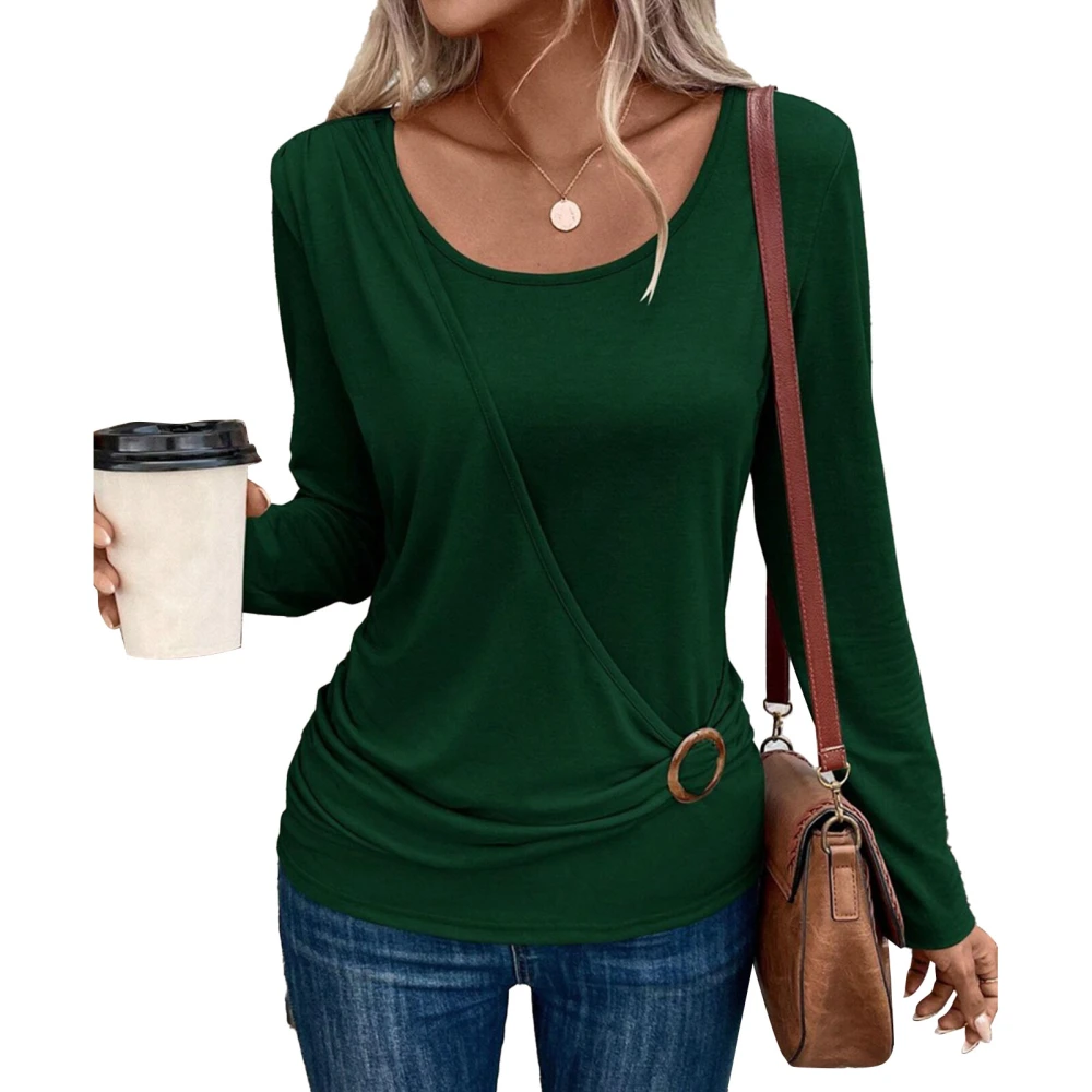 Women Blouse Long Sleeves Crew Neck Buckle Decor Shirred Deisgn Pure Color Women Shirt Pullover for Office Travel Dark Green XXL