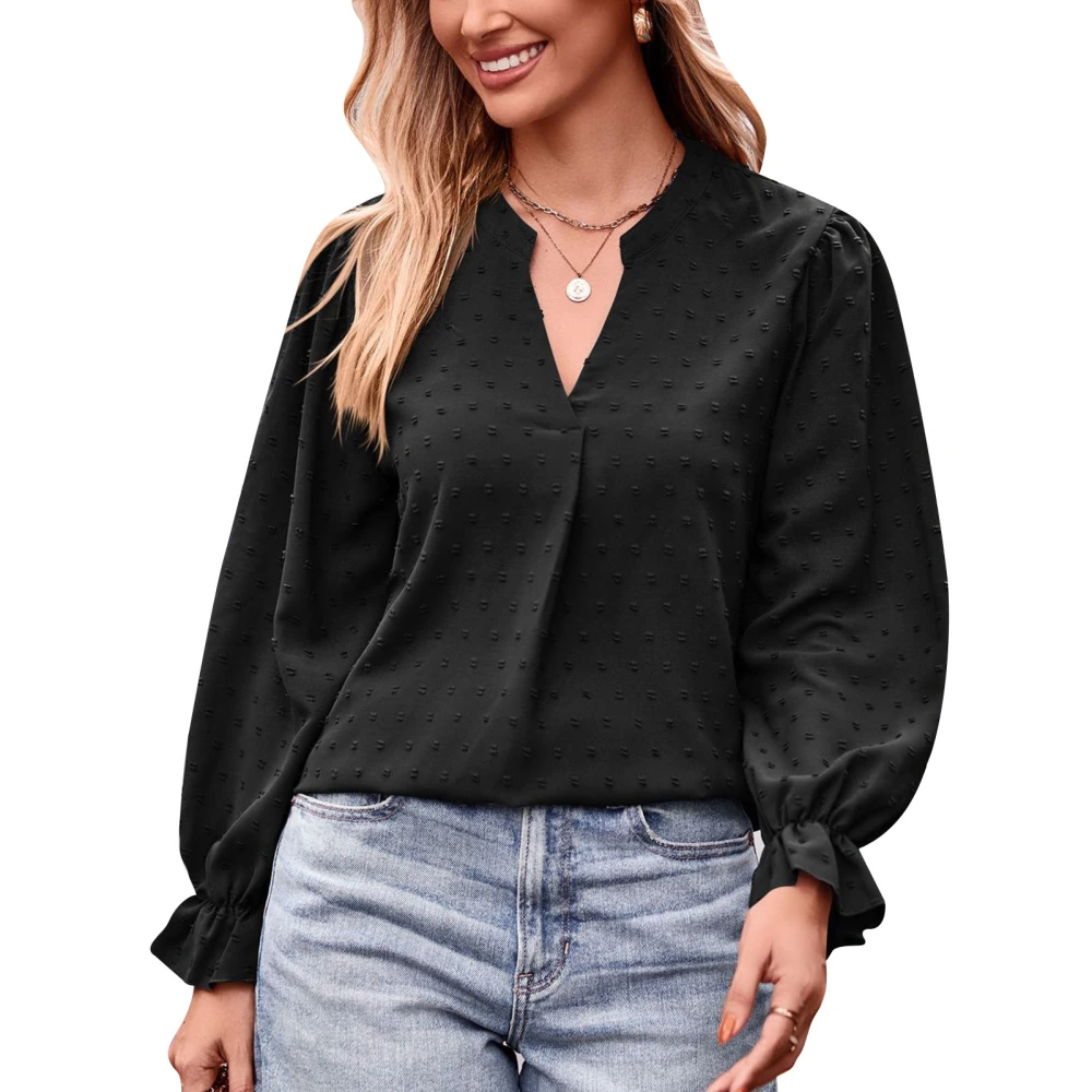 Women Jacquard Top Closing Lantern Long Sleeve V Neck Loose Fashion Casual T Shirt Blouse Black XL