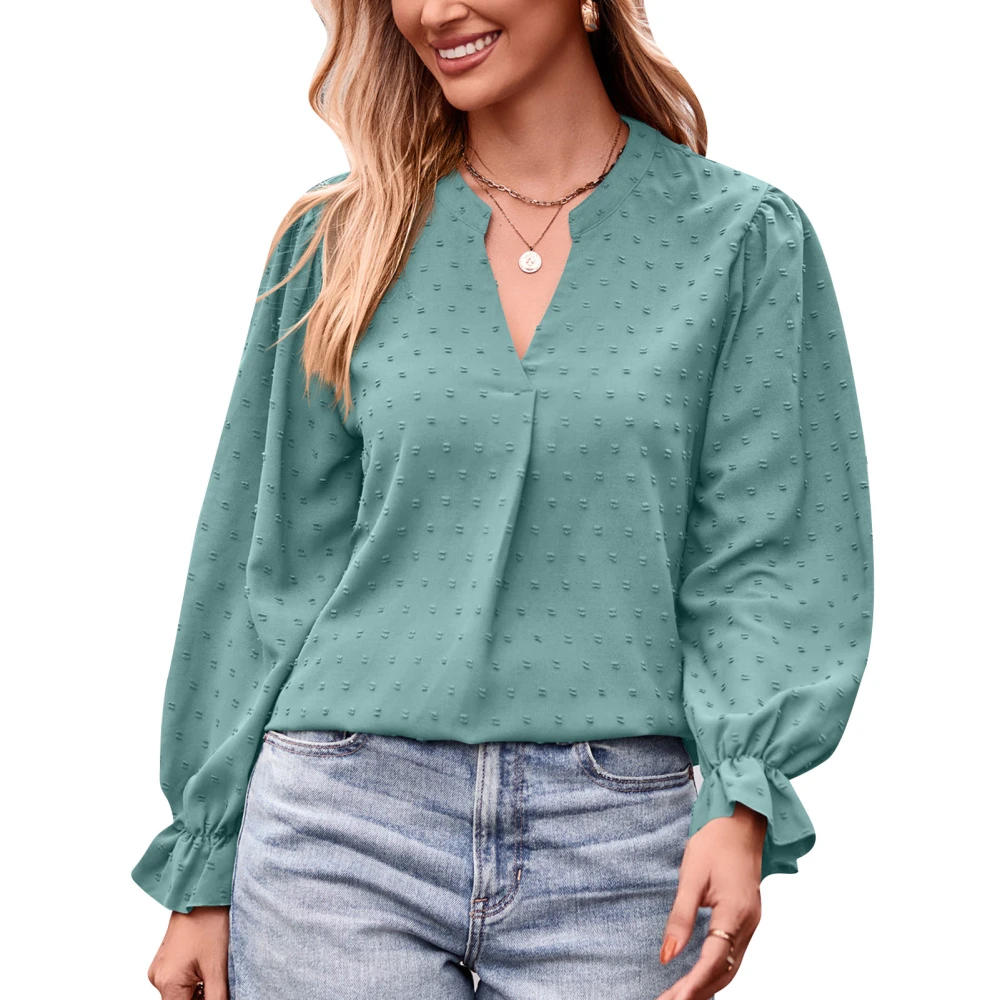 Women Jacquard Top Closing Lantern Long Sleeve V Neck Loose Fashion Casual T Shirt Blouse Light Green XXL