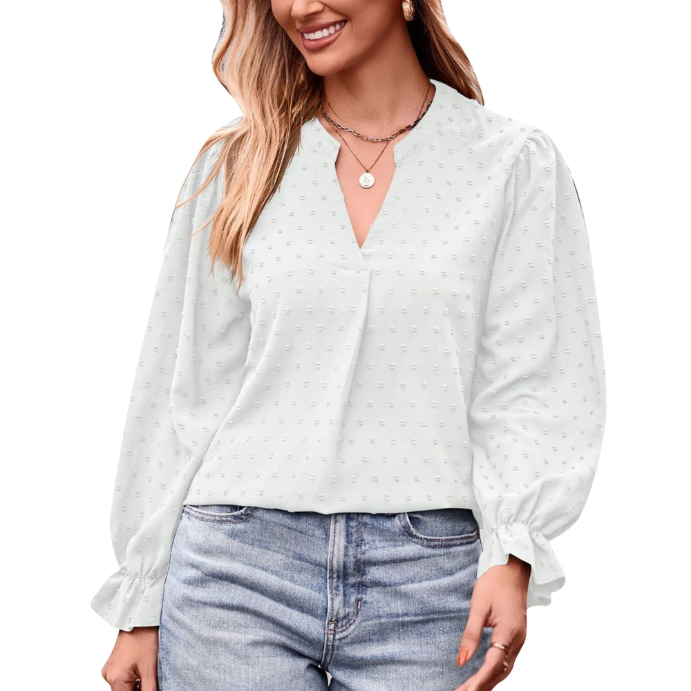 Women Jacquard Top Closing Lantern Long Sleeve V Neck Loose Fashion Casual T Shirt Blouse White XXL