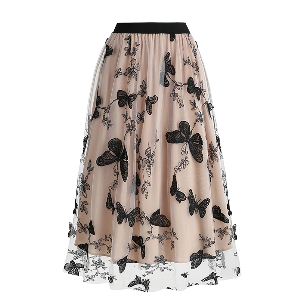 Women Tulle Print Flowy Skirt Fashion Print Tulle Elastic Waist Embroidered Stylish Midi Skirt Apricot M