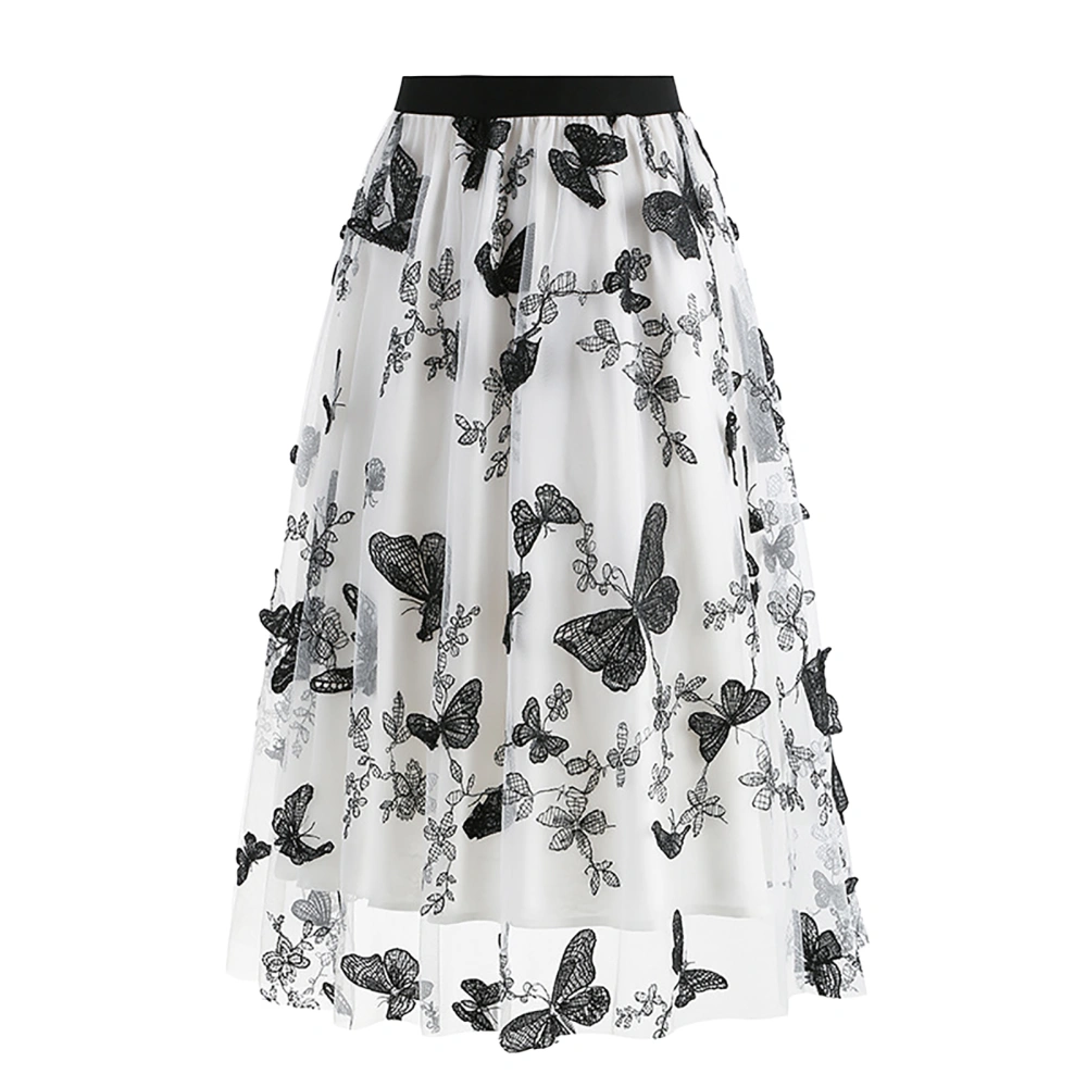 Women Tulle Print Flowy Skirt Fashion Print Tulle Elastic Waist Embroidered Stylish Midi Skirt White S