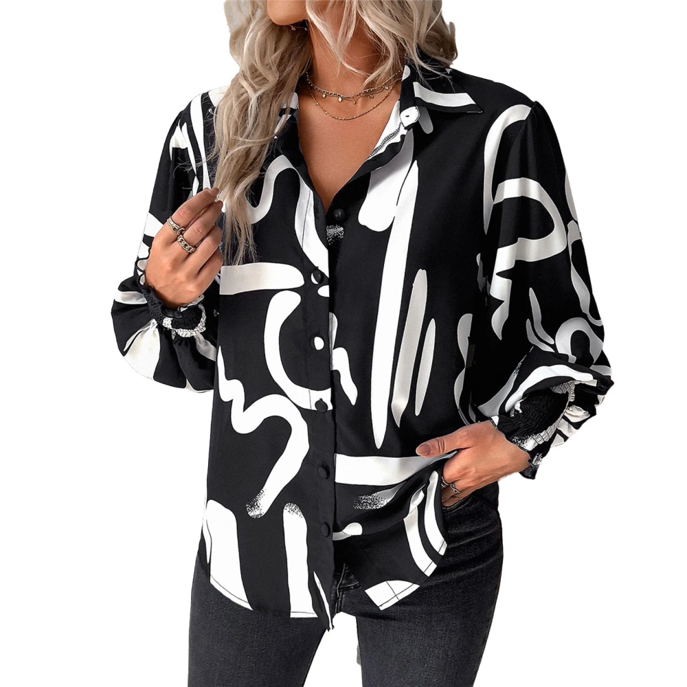 Women Turn Down Collar Shirt Shirred Cuff Long Puff Sleeves Single Breasted Casual Loose Fit Printing Blouse Black with White Flowers XL