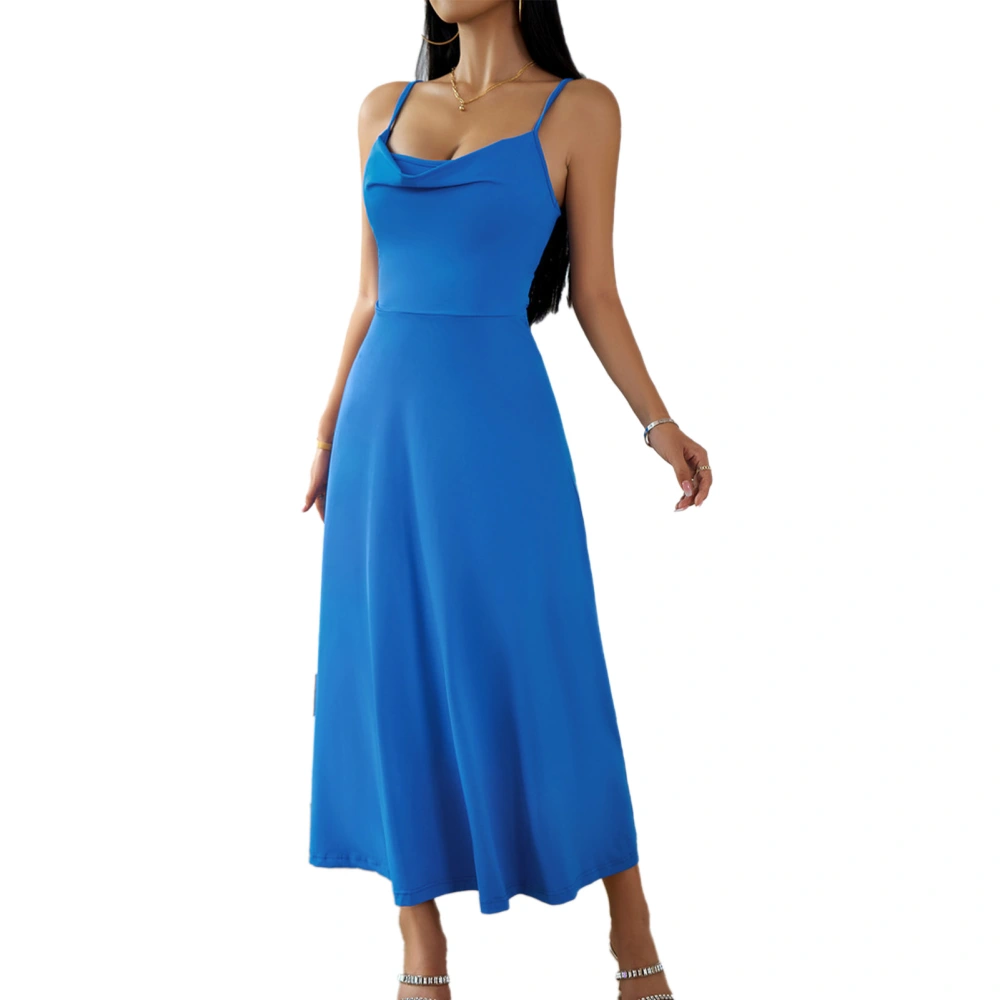 Women Spaghetti Strap Dress Cowl Neck Back Tie Strap A Line Hem Summer Long Dress for Party Blue XL