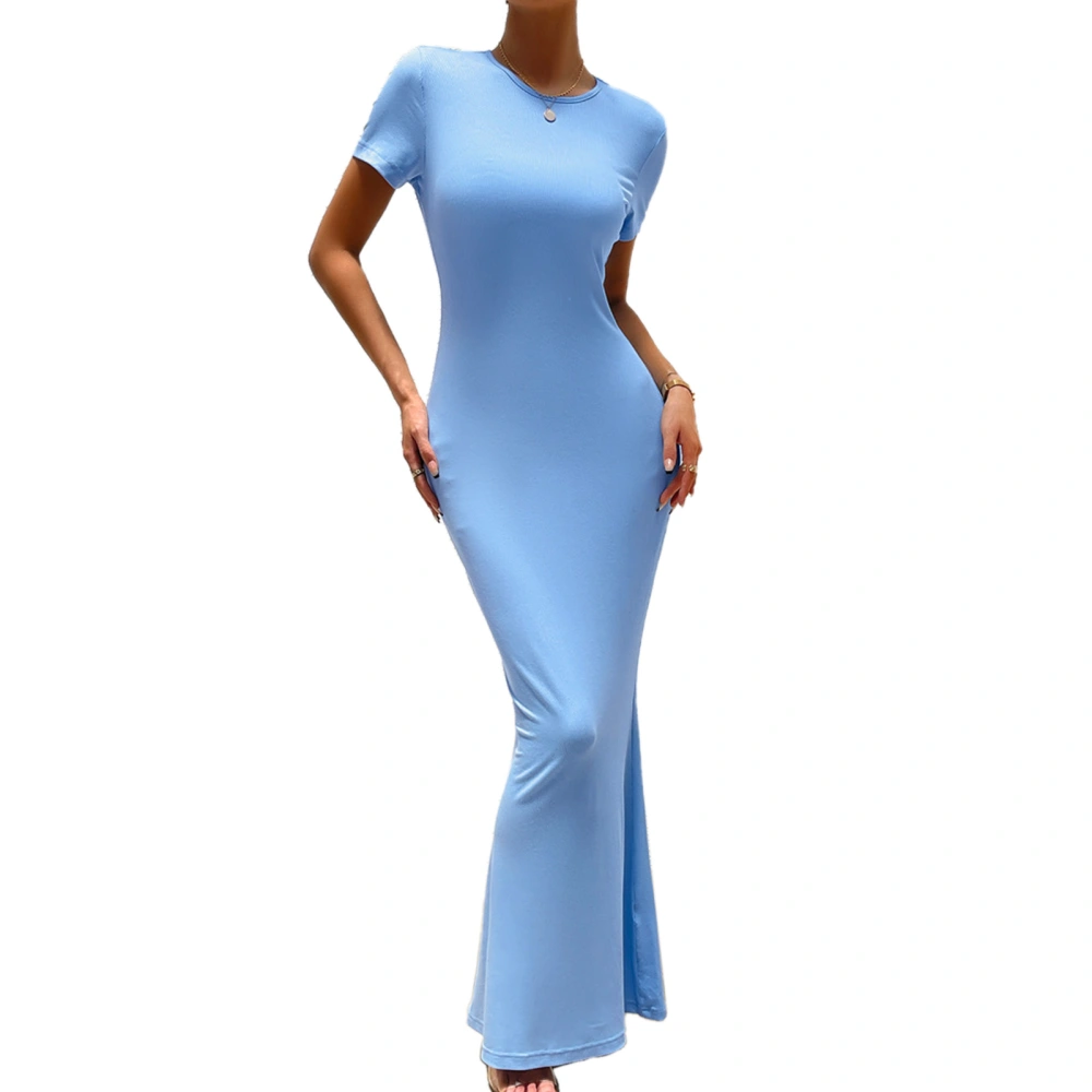 Women Short Sleeve Bodycon Maxi Dress Crew Neck Fishtail Hem Casual Slim Fit Midi Dress Blue S