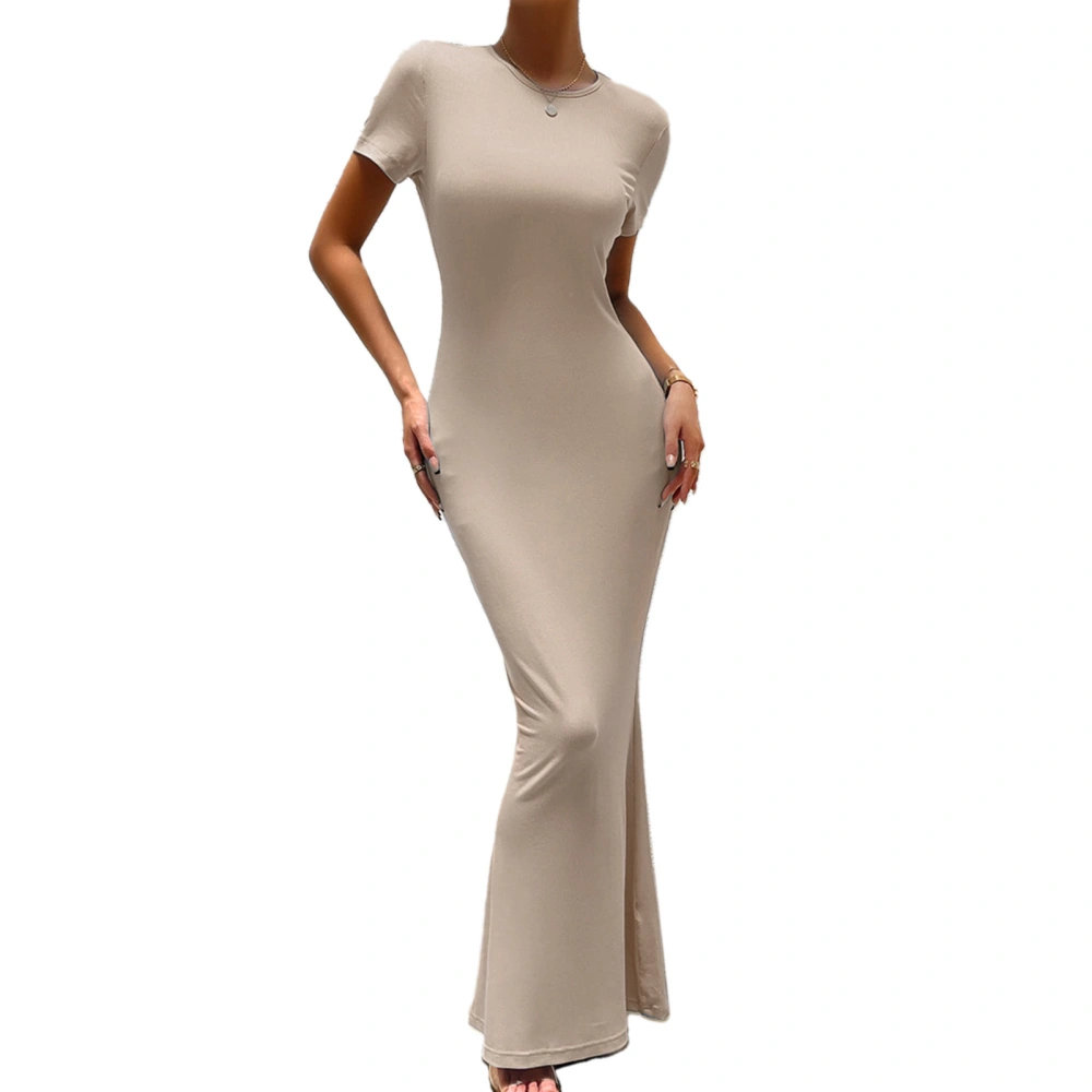 Women Short Sleeve Bodycon Maxi Dress Crew Neck Fishtail Hem Casual Slim Fit Midi Dress Khaki L