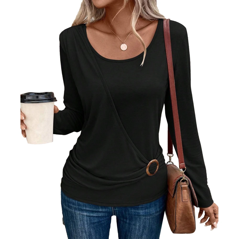 Women Blouse Long Sleeves Crew Neck Buckle Decor Shirred Deisgn Pure Color Women Shirt Pullover for Office Travel Black M