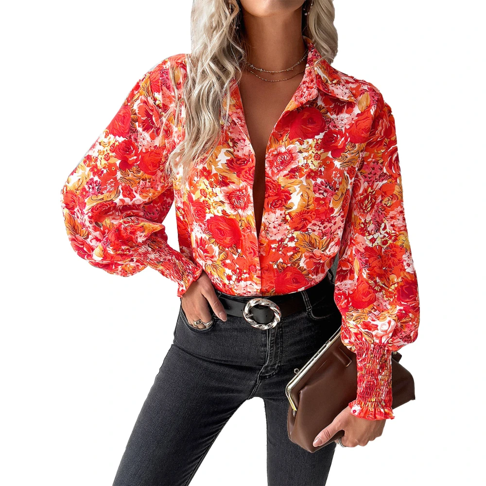 Women Turn Down Collar Shirt Shirred Cuff Long Puff Sleeves Single Breasted Casual Loose Fit Printing Blouse Red S