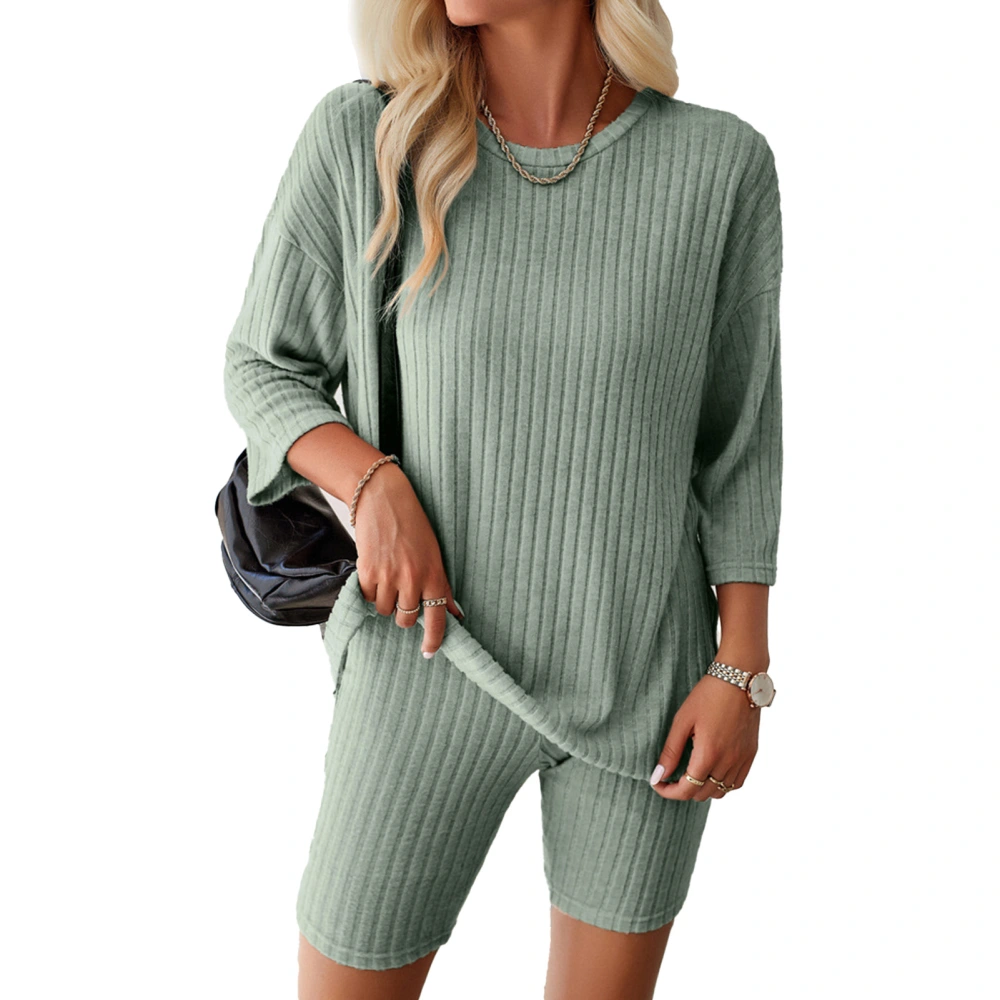 Women 2 Piece Outfits Set 3/4 Sleeve Ribbed Crew Neck Oversized Casual T Shirt Shorts Set Green XL