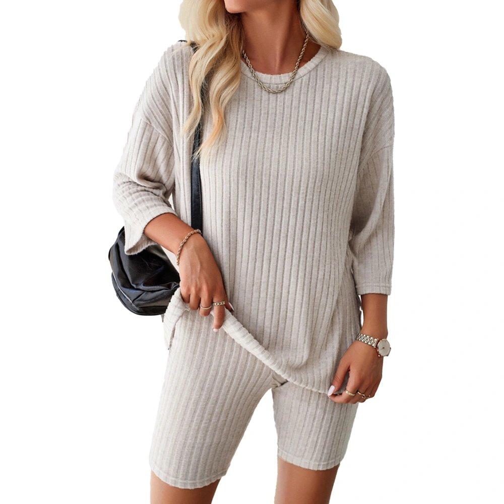 Women 2 Piece Outfits Set 3/4 Sleeve Ribbed Crew Neck Oversized Casual T Shirt Shorts Set Apricot L