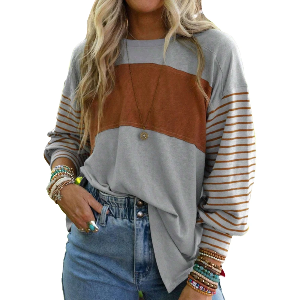 Women Stripes Print Splicing T Shirt Color Blocking Round Neck Long Sleeves Casual Blouse for Daily Wear Grey S