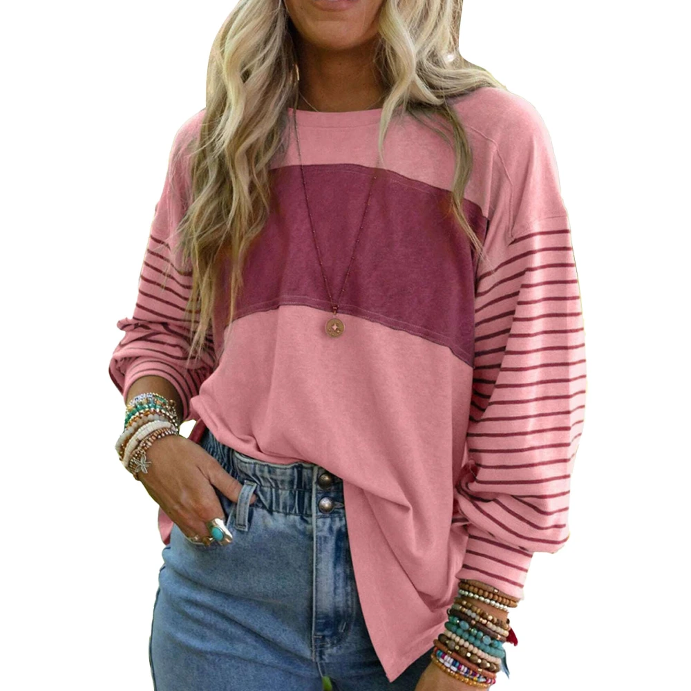 Women Stripes Print Splicing T Shirt Color Blocking Round Neck Long Sleeves Casual Blouse for Daily Wear Pink XXL