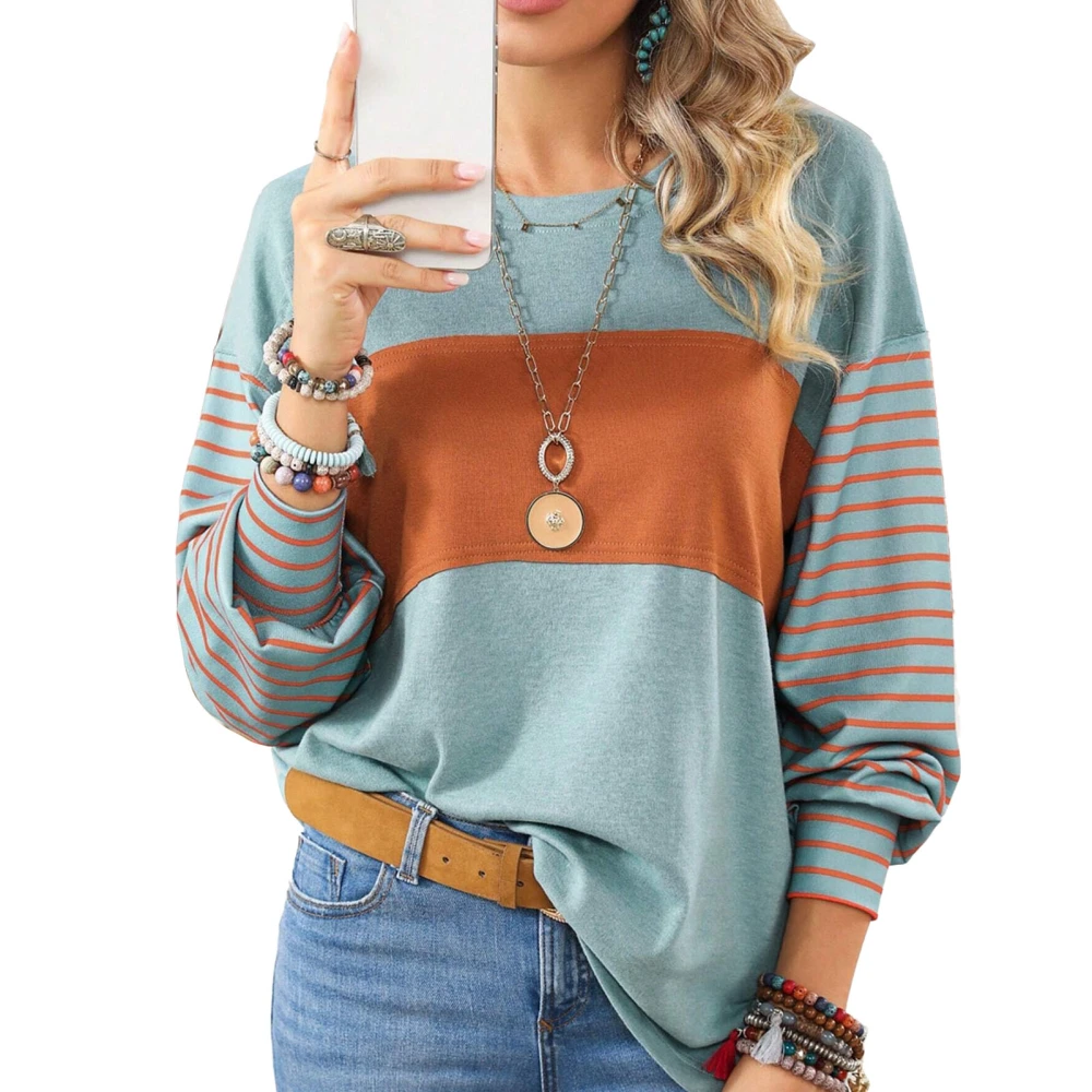 Women Stripes Print Splicing T Shirt Color Blocking Round Neck Long Sleeves Casual Blouse for Daily Wear Bean Green XL