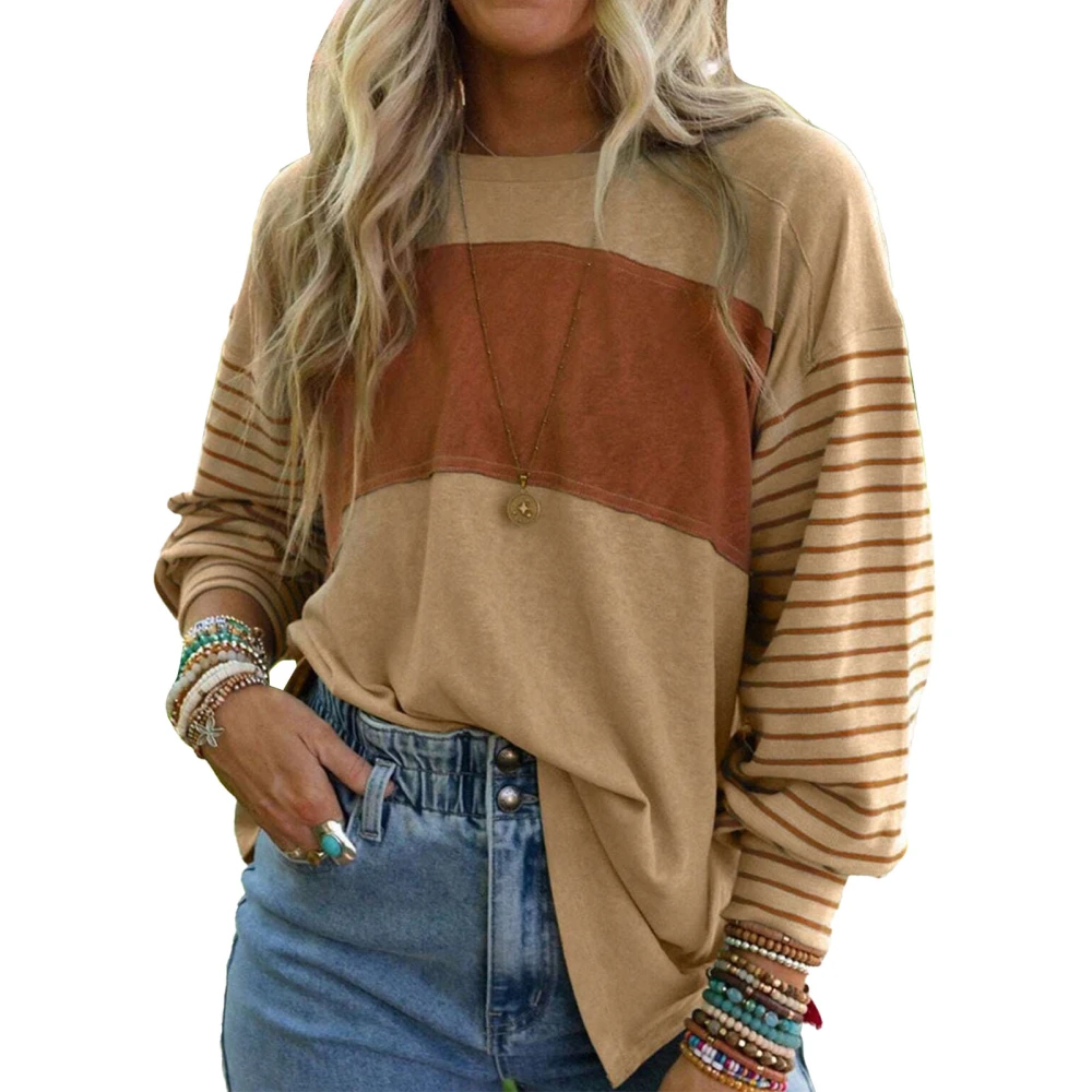 Women Stripes Print Splicing T Shirt Color Blocking Round Neck Long Sleeves Casual Blouse for Daily Wear Khaki S