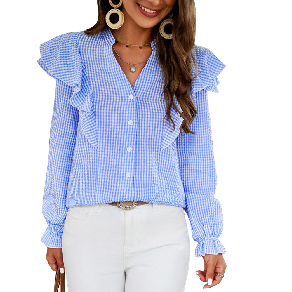 Ruffle Button Up Blouse Top Plaid Long Sleeve V Neckline Ruffle Button Up Blouse for Women Spring Summer Blue XL